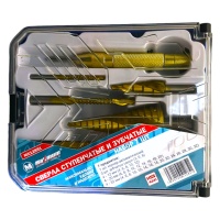 Купить оптом Набор сверл по металлу HSS, 7 предметов, ступенчатые+сверла фреза+кернер, "MAXIMUM" MX 12851 Набор сверл по металлу HSS, 7 предметов, ступенчатые+сверла фреза+кернер, "MAXIMUM" MX 12851 оптом