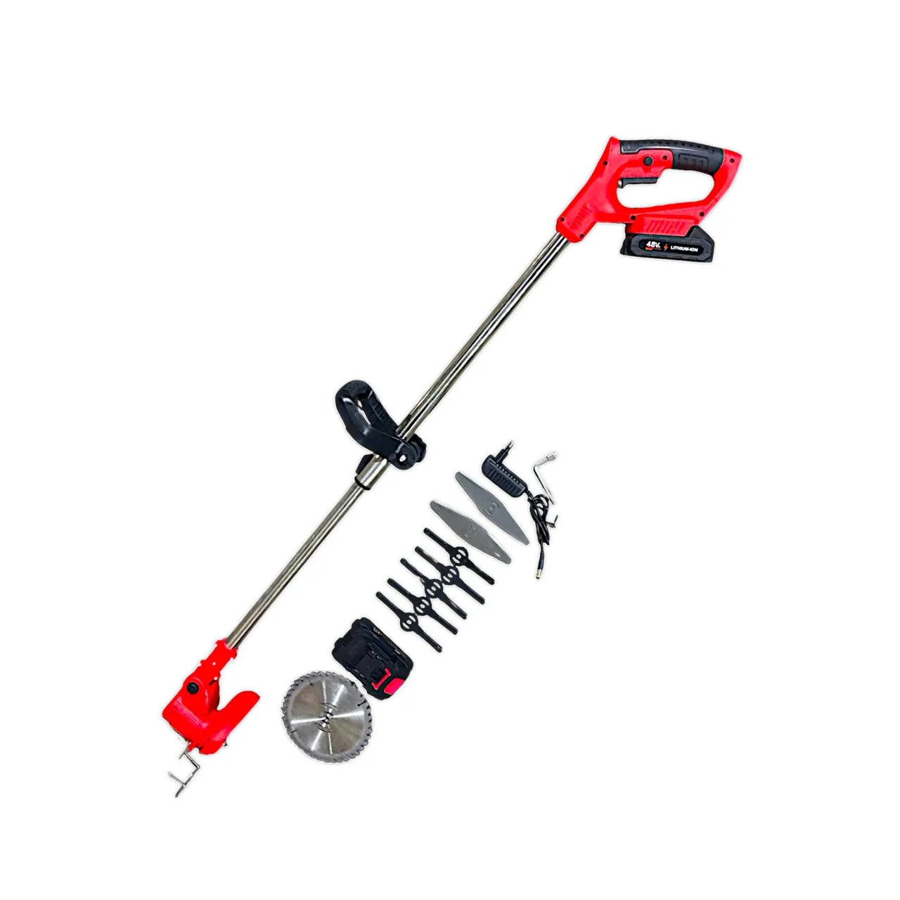 Триммер садовый аккумуляторный, 2 аккумулятора Li-ion 48v, диск+ножи Триммер садовый аккумуляторный, 2 аккумулятора Li-ion 48v, диск+ножи